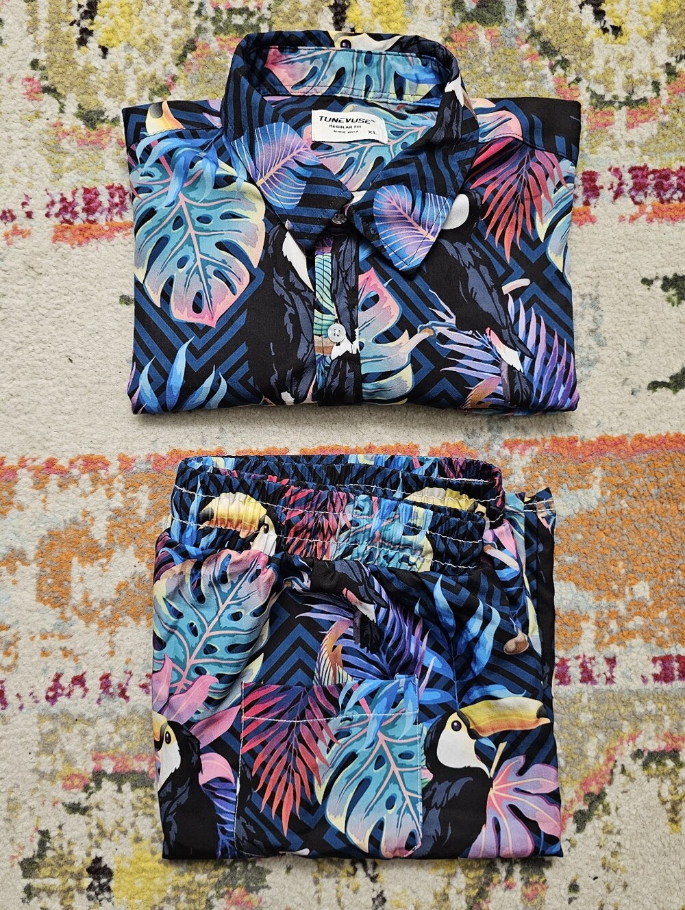 Tunevuse Mens XL 2pc Shirt Shorts Set Toucan Monstera Tropical Floral Regular